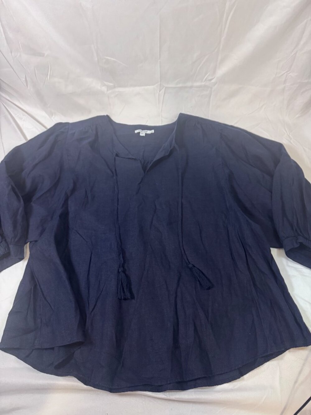 Chico's Navy Linen Tassel Tie Tunic Blouse, Size 4/US 20
